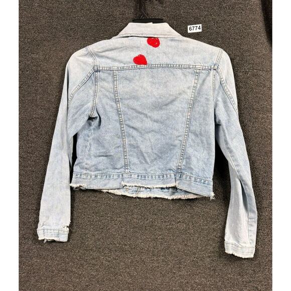 Gap 1969 Denim Jacket Womens Small Light Wash Cropped Raw Hem Rose Embroidered - Picture 2 of 7